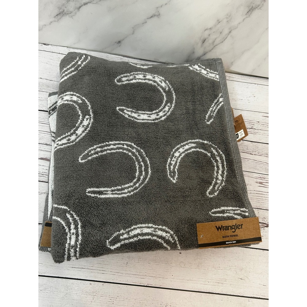 Wrangler Quick Dry Bath Towel Charcoal Gray White Horseshoe Western Print